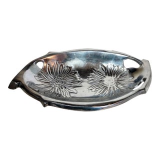 Vintage Pewter Blend Silver Bowl With Flowers For Sale