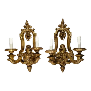 Louis XIV Baroque Style Italian Carved Giltwood Sconces, circa 1930 - a Pair