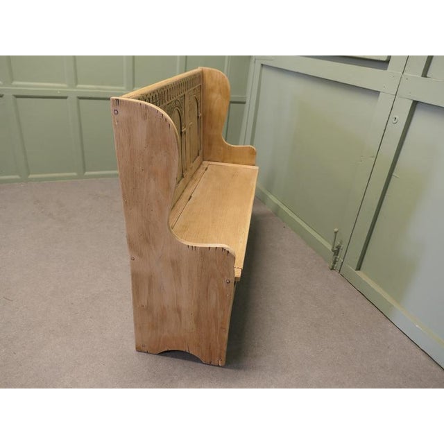 Wood High Back Oak Settle with Carved Back Panels, 1920 For Sale - Image 7 of 8