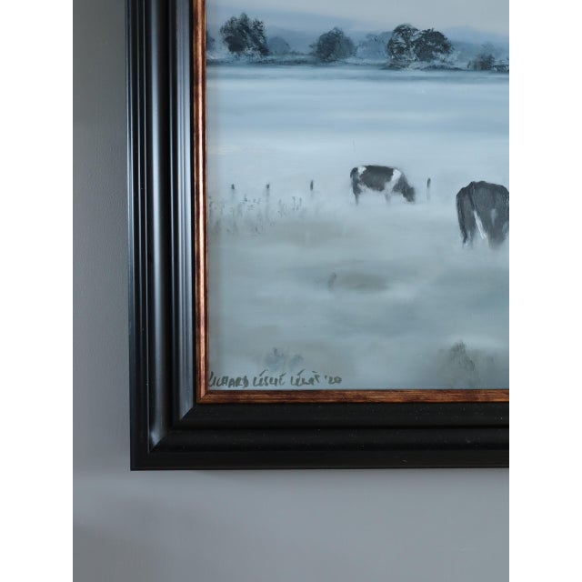 Paint Modernist 'Friesians in the Mist' Vintage Original Landscape Oil Painting, Framed For Sale - Image 7 of 13