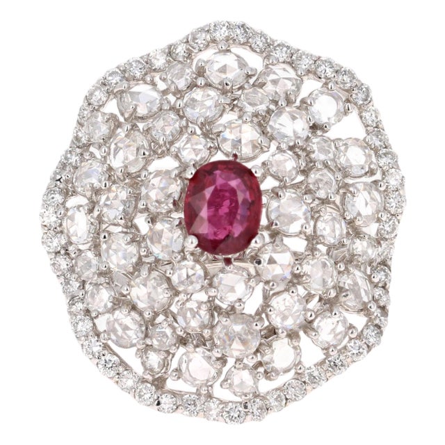3.61 Carat Ruby Rose Cut Diamond 14 Karat White Gold Cocktail Ring, Size 6 For Sale