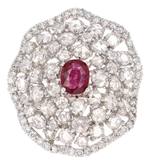 3.61 Carat Ruby Rose Cut Diamond 14 Karat White Gold Cocktail Ring, Size 6