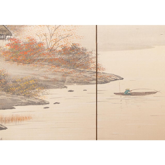 Khaki 1960s Shōwa Era Japanese Silk Byobu Screen "Autumn Landscape With River" For Sale - Image 8 of 18