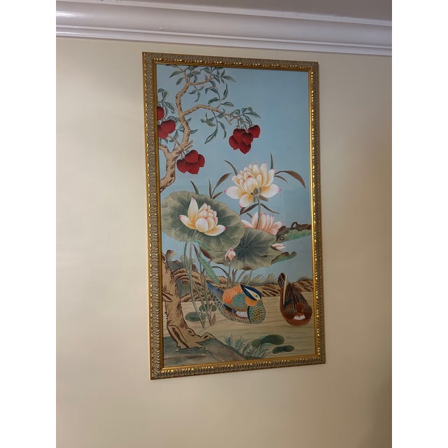 Turquoise 1990s Chinoiserie Oil on Silk Painting of Birds With Lotus Blooms by Chelsea - a Pair For Sale - Image 8 of 18
