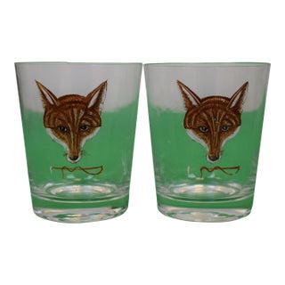 Mid 20th Century Cyril Gorainoff Hand Painted Fox Mask W/ Riding Crop Double Old Fashioned Cocktail Glasses - a Pair For Sale