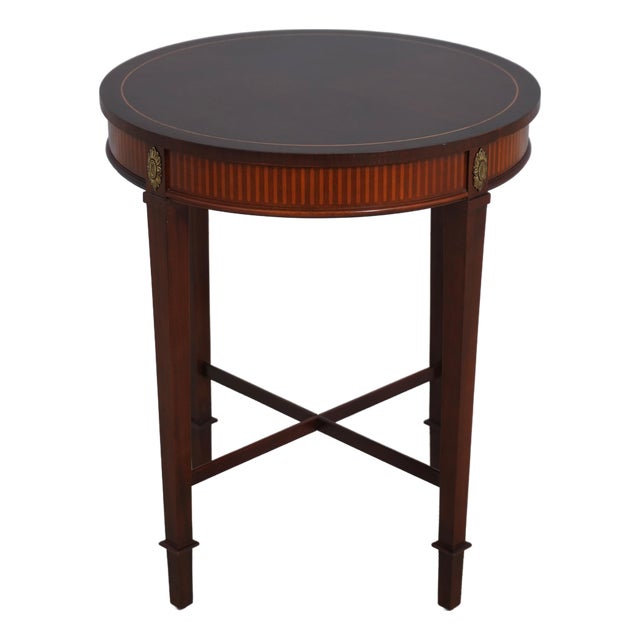 Baker Round Inlaid Mahogany Stretcher Base Lamp Table For Sale