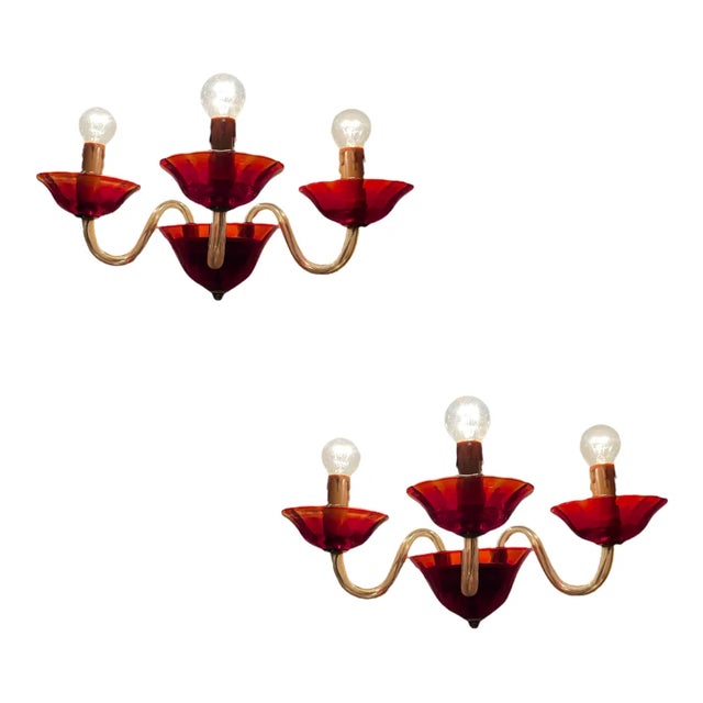 Vintage Italian Ruby Red Murano Glass Sconces from Made Murano Glass, Set of 2 For Sale - Image 3 of 7