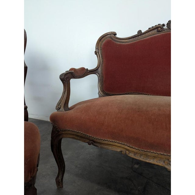Louis XV Style Living Room Set in Carved Walnut with Orange Velvet Upholstery, Set of 7 For Sale - Image 6 of 13