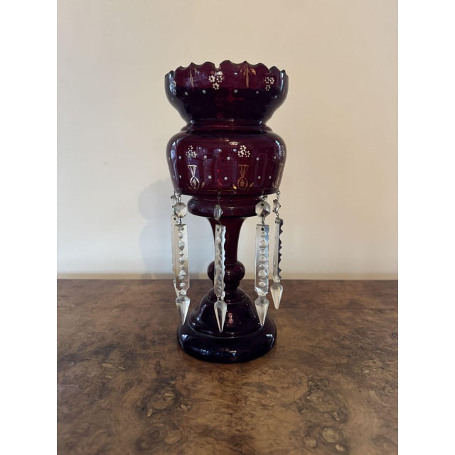 Beautiful quality large antique Victorian ruby glass lustre, decorated with white enamel floral detail and gold assets,...