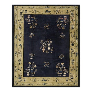 1920s Navy Blue Vase Deco Modern Antique Chinese Art Handknotted Wool Carpet Rug For Sale