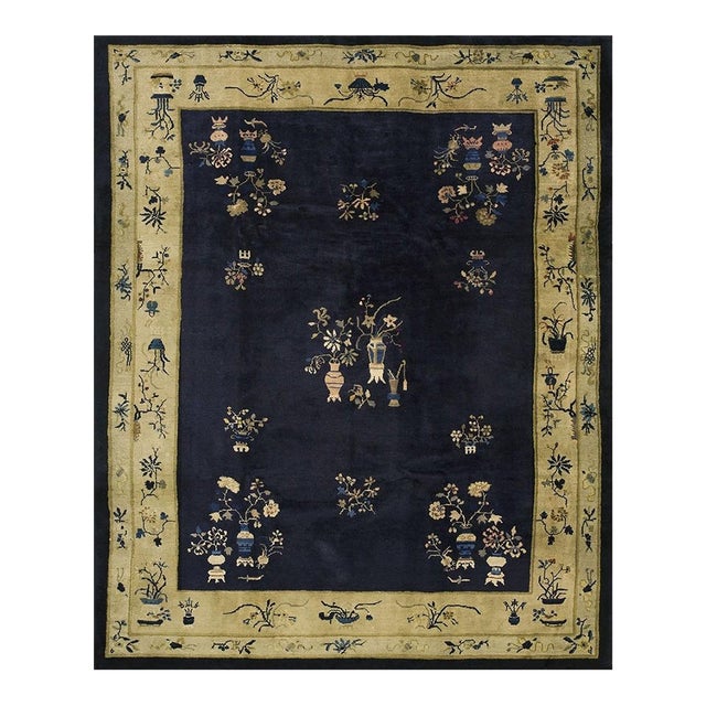 1920s Navy Blue Vase Deco Modern Antique Chinese Art Handknotted Wool Carpet Rug For Sale