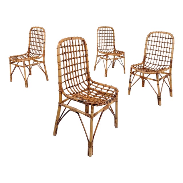 Mid-Century Modern Italian Bamboo, Cane and Rattan Dining Chairs, 1960s, Set of 4 For Sale