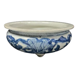 Late 20th Century Chinese Art Porcelain Blue and White Incense Burner Mountain Scenery Design