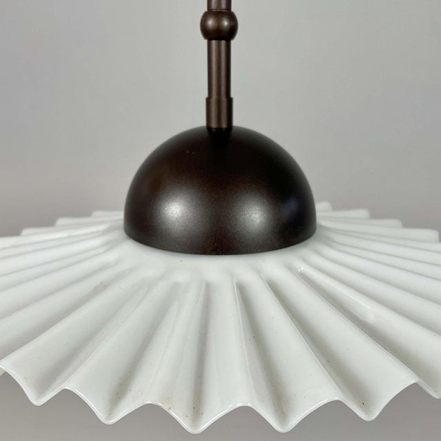 White French Art Deco White Opaline Glass and Burnished Brass Pendant, 1940s For Sale - Image 8 of 18