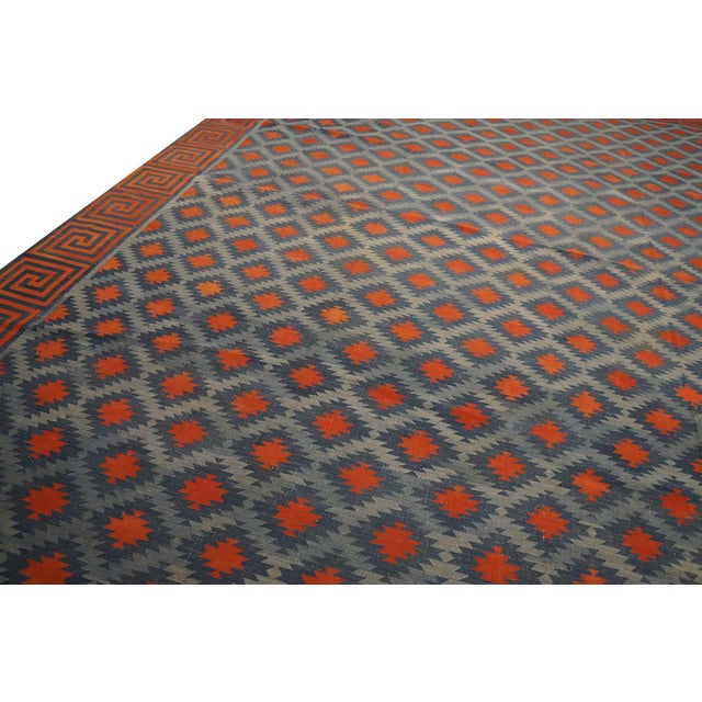 Contemporary Astonishing Wave Fret Border With Red Diamond Design Square Indian Cotton Dhurrie Rug For Sale - Image 3 of 6