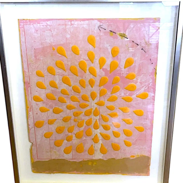 Metal 60's Abstract Safron Op Art Acrylic on Bruised Pink Watercolor Paper Chrome Framed Glass For Sale - Image 7 of 14