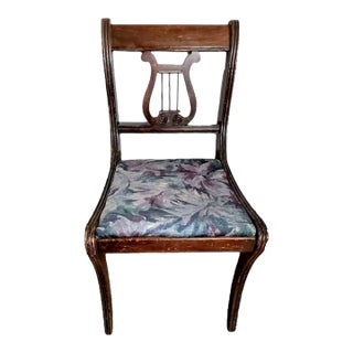 1940s Duncan Phyfe Style Carved Wood Lyre Back Side Chair With Upholstered Seat For Sale