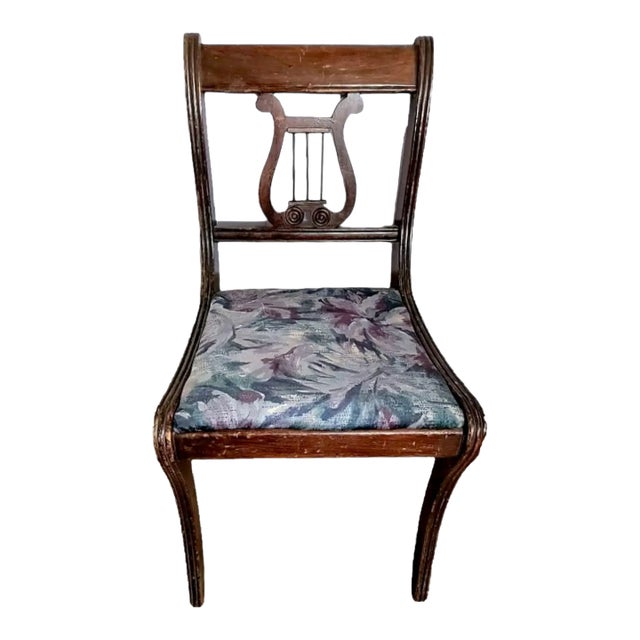 1940s Duncan Phyfe Style Carved Wood Lyre Back Side Chair With Upholstered Seat For Sale