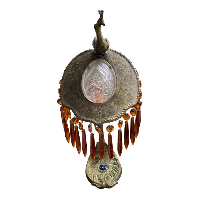 Circa 1920’s Brass Shield Lamp Insert Molded Glass Panel For Sale