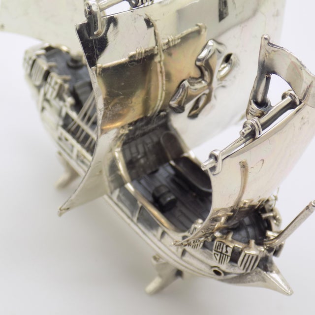 Metal Vintage Italian Handmade Genuine Sterling Silver Large and Rare Crusade Sailing Ship Figurine For Sale - Image 7 of 11