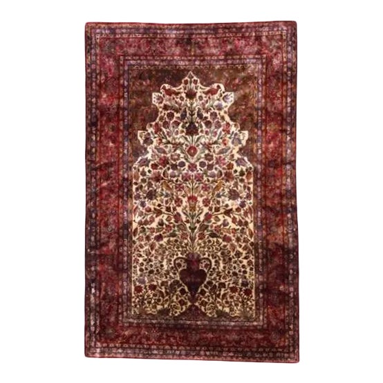 1920s Vintage Tree of Life Silk Kashan Rug For Sale