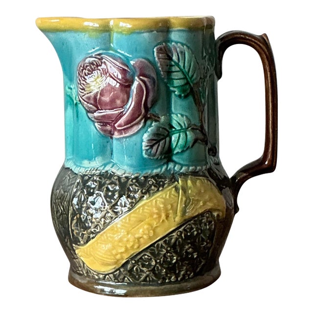 Vintage Boho English Majolica Pitcher For Sale