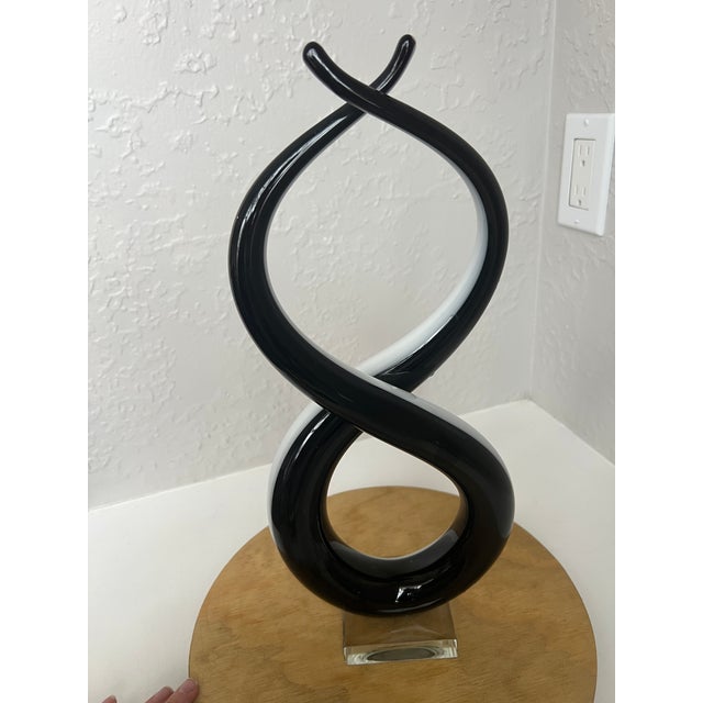 Vintage Murano Love Knot Art Glass Sculpture Black White Lucite Base For Sale - Image 6 of 16