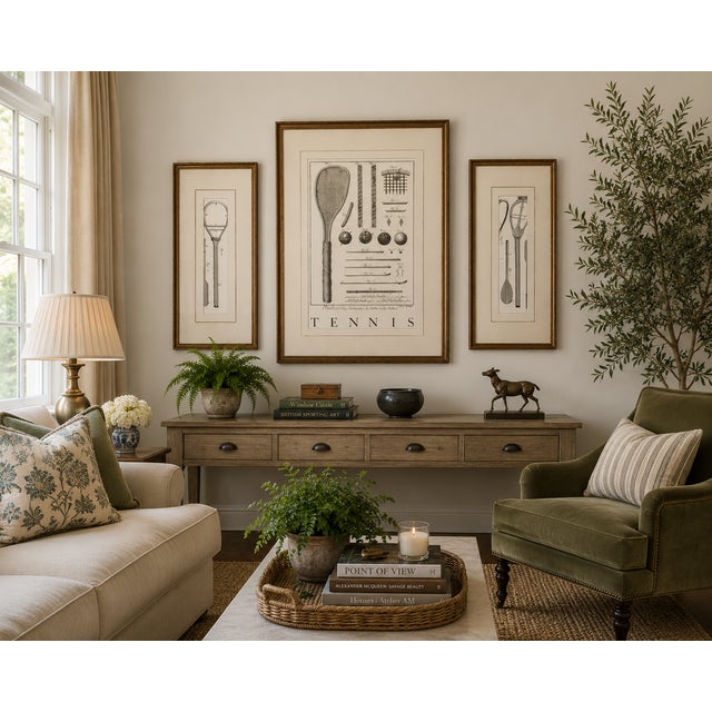 A distinctive set of three framed French sporting prints that formed part of the set decoration inventory used in the...