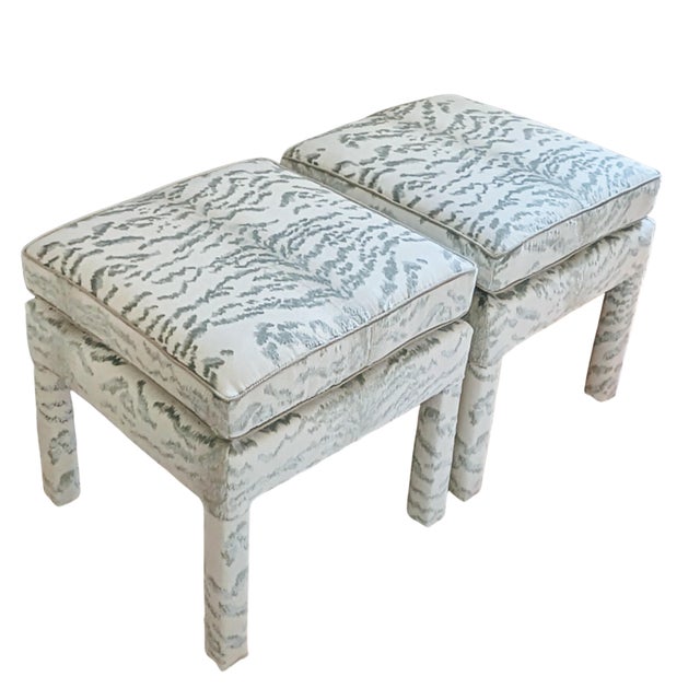 Cowtan and Tout Rajah Cut Velvet Ottomans in Celadon (light aqua and cream) Coordinating cream braided cord by Samuel and...