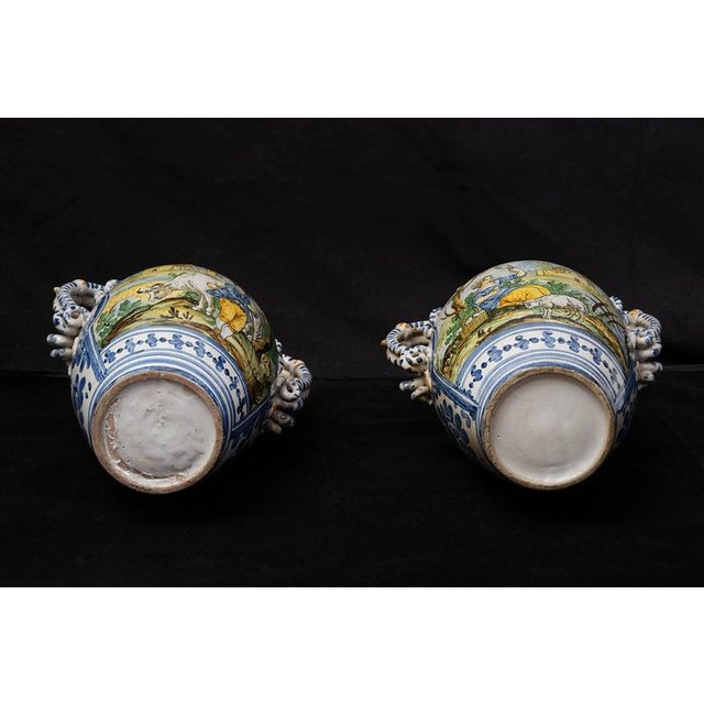 Antique Glazed Majolica Vases Depicting Pastoral Scenes, Naples, Late 19th Century, Set of 2 For Sale - Image 3 of 4