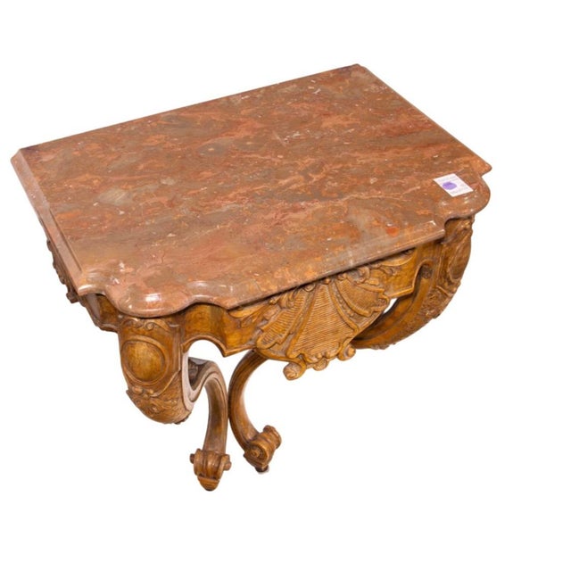 Pair of Antique French Regence Style Carved Console Tables With Marble Tops.
