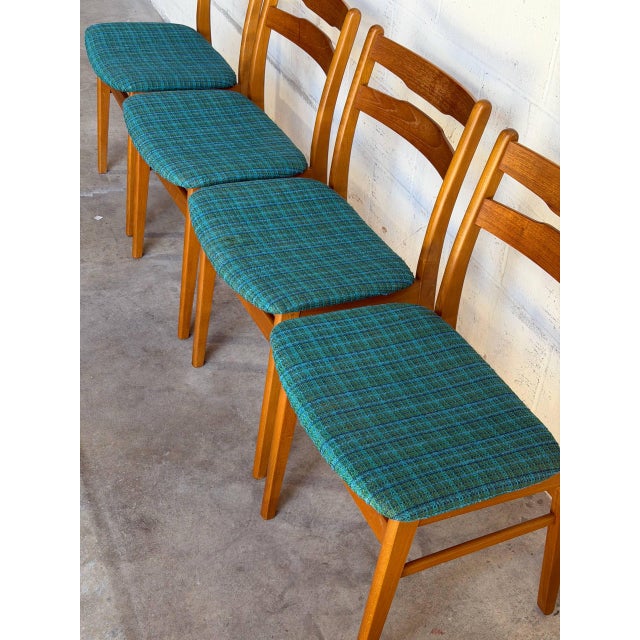 Set of 4 Vintage Danish Teak Dining Chairs Mid Century Modern Blue Upholstered For Sale - Image 4 of 9