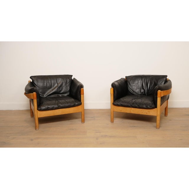 Danish Oak and Leather Lounge Chairs, 1960s, Set of 2 For Sale - Image 3 of 15