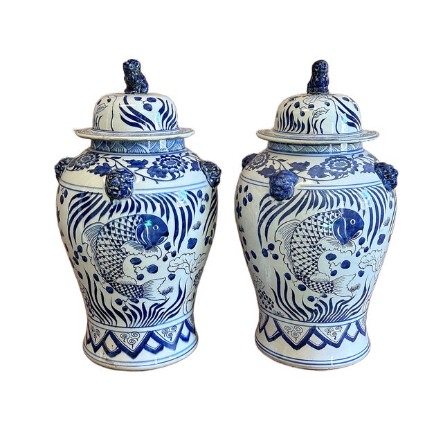 2020s Coastal Blue & White Chinoiserie Koi Ginger / Temple Jars - A Pair For Sale - Image 5 of 6