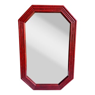 Vintage Tony Duquette Style Newly Painted Red Faux Bamboo Octagonal Wall Mirror For Sale