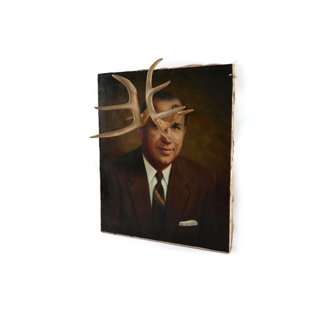 Portraiture 1960's Original Painting of a Businessman Altered With Antlers For Sale - Image 3 of 13