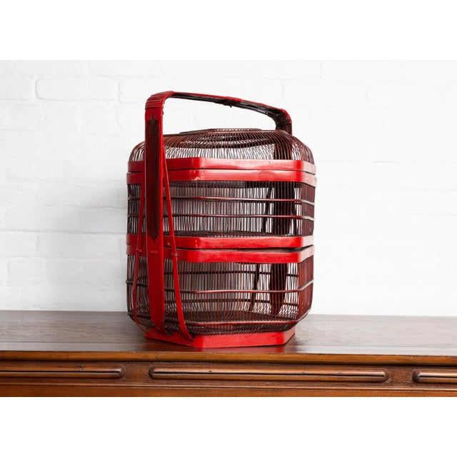 Vintage Chinese Red Lacquered Bird Cage with Handle and Hexagonal Base For Sale - Image 9 of 12