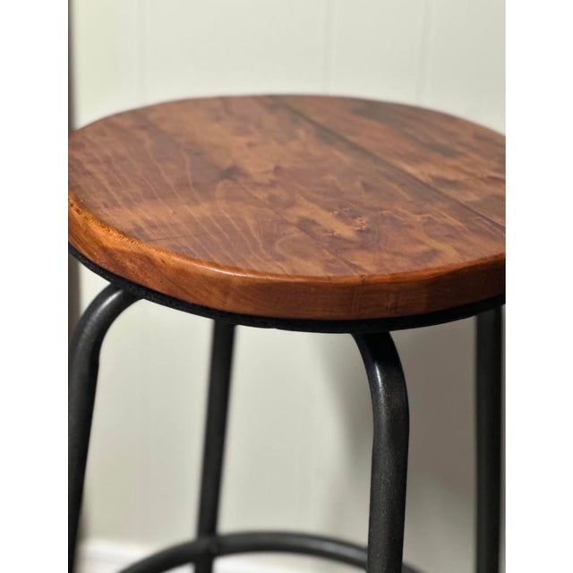 Industrial Handcrafted Cherry Wood Bar Stools Barstools Chairs With Hammered Bronze Finish — A Pair For Sale - Image 3 of 7