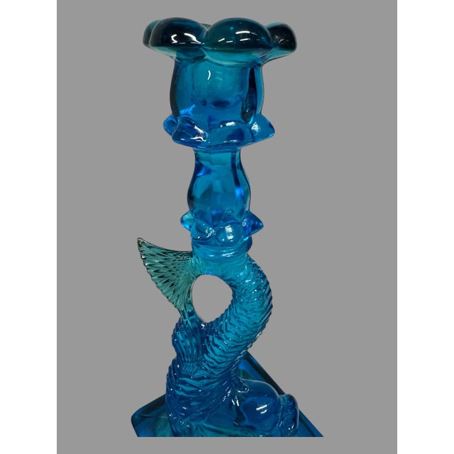 Mid 20th Century Vintage Cobalt Blue Figural Dolphin Pressed Glass Candlestick For Sale - Image 5 of 10