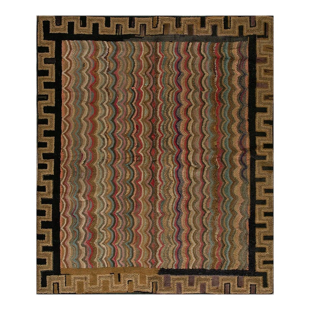 1890s Multicolor Geoemtric Antique American Hooked Rug 4'2"x4'10" Woven Wool Carpet For Sale