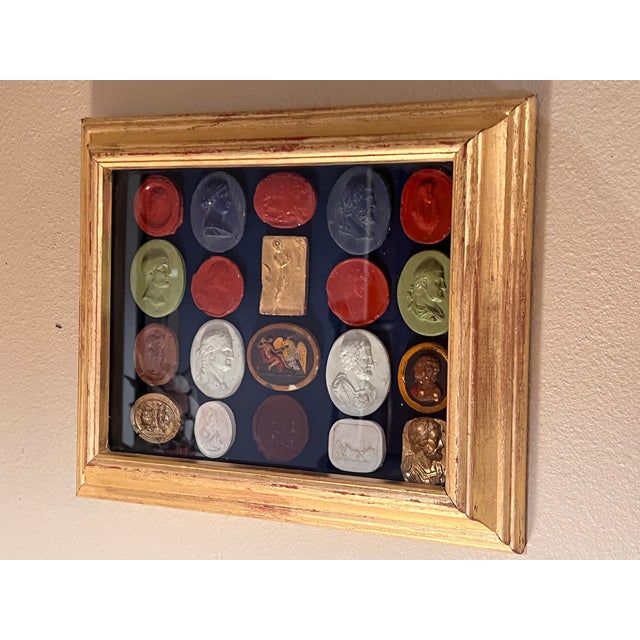 Gold Italian Giltwood Shadow Box With Multicolor Grand Tour Neoclassical Intaglios and Cameos For Sale - Image 8 of 13