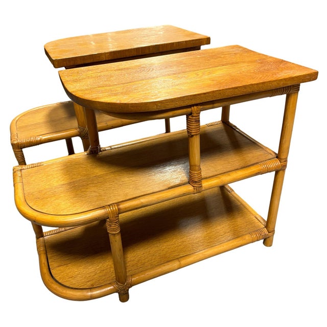 1930s Restored Streamline Rattan & Mahogany 3-Tiered "Trio" End Table, Pair For Sale In Los Angeles - Image 6 of 10