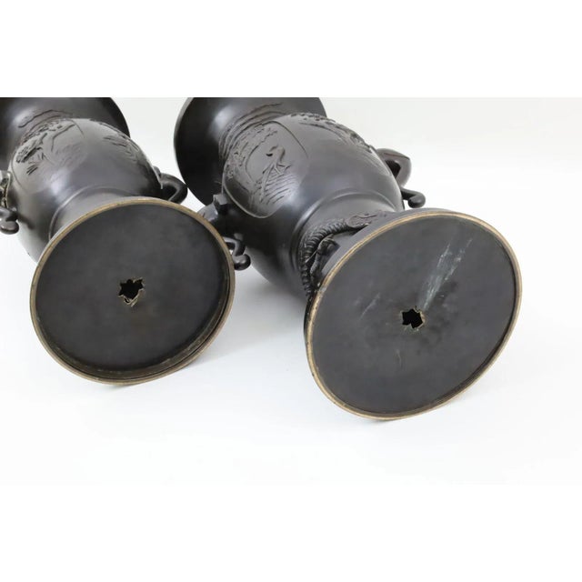 Metal Large Meiji Japanese Patinated Bronze Vases - A Pair For Sale - Image 7 of 7