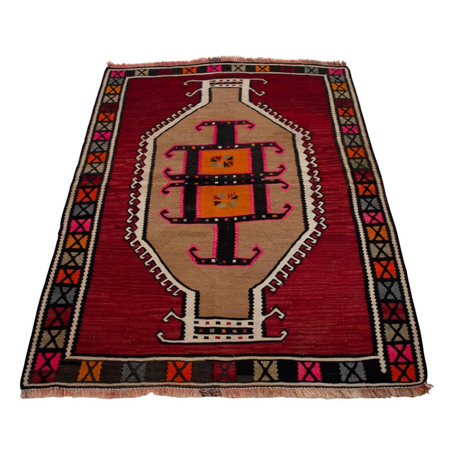 1970s Authentic Kars Kilim Rug, Red and Earth Tone Turkish Rug, Small Living Room Kilim, Rare Personal Village Weave, 1970s Anatolian Rug 4x5 Ft Approx For Sale - Image 5 of 16