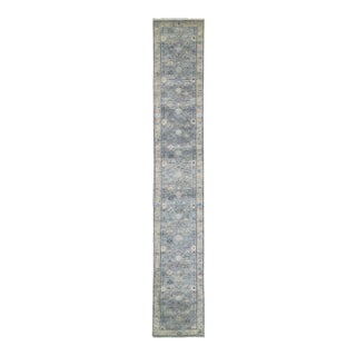 Modern Gray and Beige Oushak Style Handmade Floral Motif Long Wool Runner For Sale