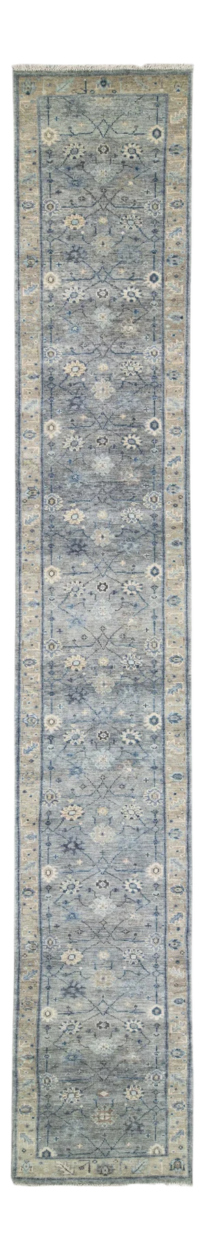 Modern Gray and Beige Oushak Style Handmade Floral Motif Long Wool Runner