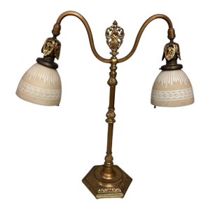 Antique Victorian Gilt Metal Two Light Table Lamp With Engraved Shades