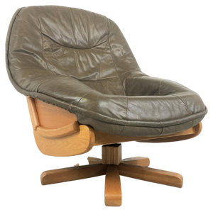 Brutalist Oak and Leather Swivel Chair, 1970s