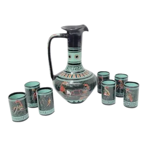 Vintage Greek Black and Teal Pitcher and Glass Barware Art Pottery Set- 8 Pieces