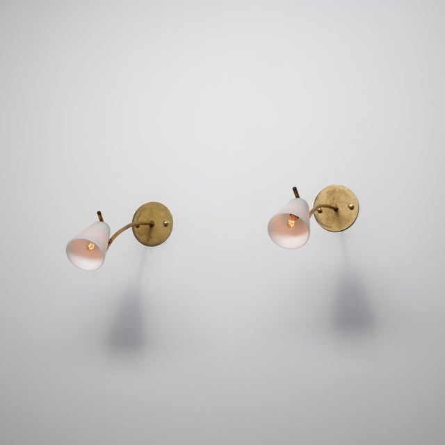 Italian Brass Wall Sconces with Opaline Glass Conical Shades, 1950s, Set of 2 For Sale - Image 10 of 12